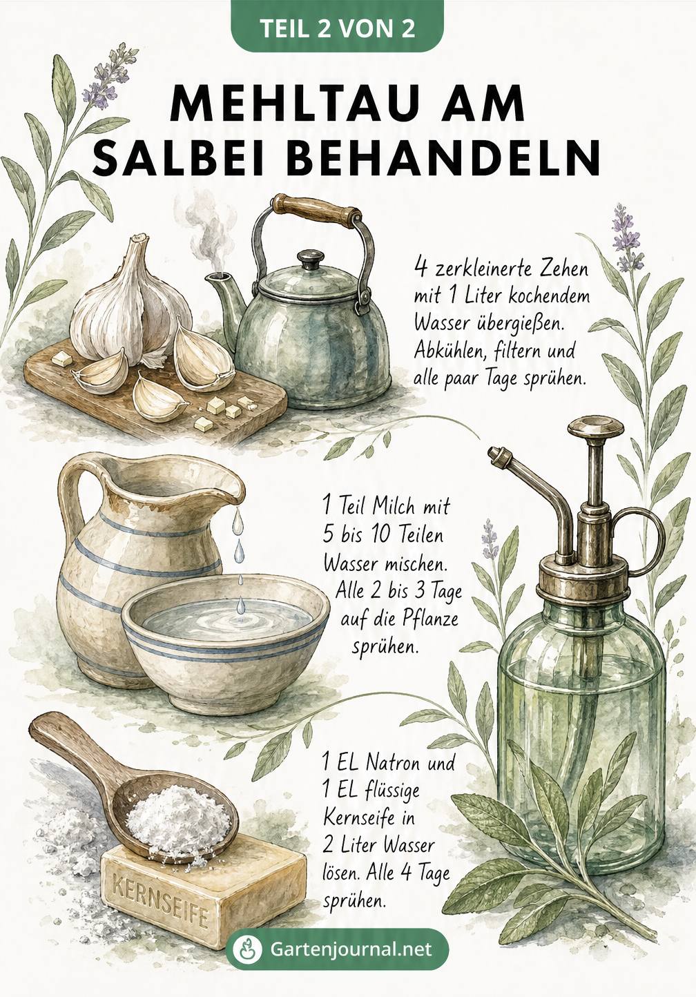 Aquarell-Illustration von Hausmitteln gegen Mehltau an Salbei mit Knoblauch, Milch und Natron