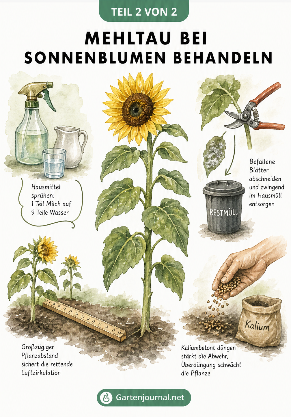 Aquarell-Illustration zur Behandlung von Mehltau an Sonnenblumen mit Hausmitteln, Rückschnitt und Pflanzabstand