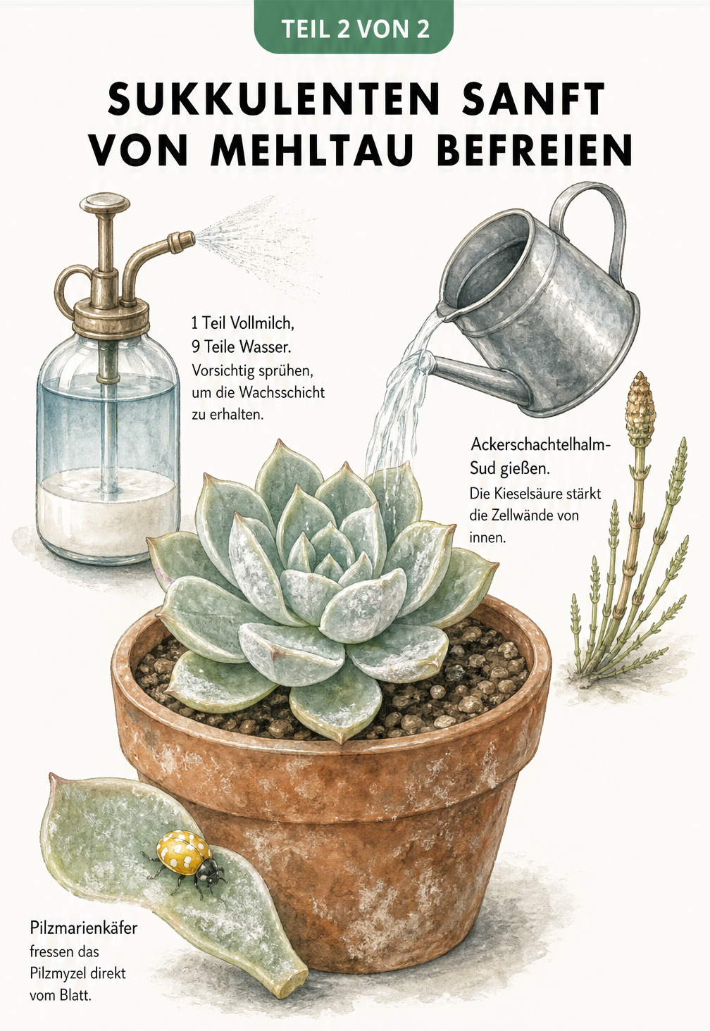 Illustration zur sanften Behandlung von Mehltau an Sukkulenten: Sprühen mit Milch-Wasser-Gemisch, Gießen mit Ackerschachtelhalm-Sud und Einsatz von...