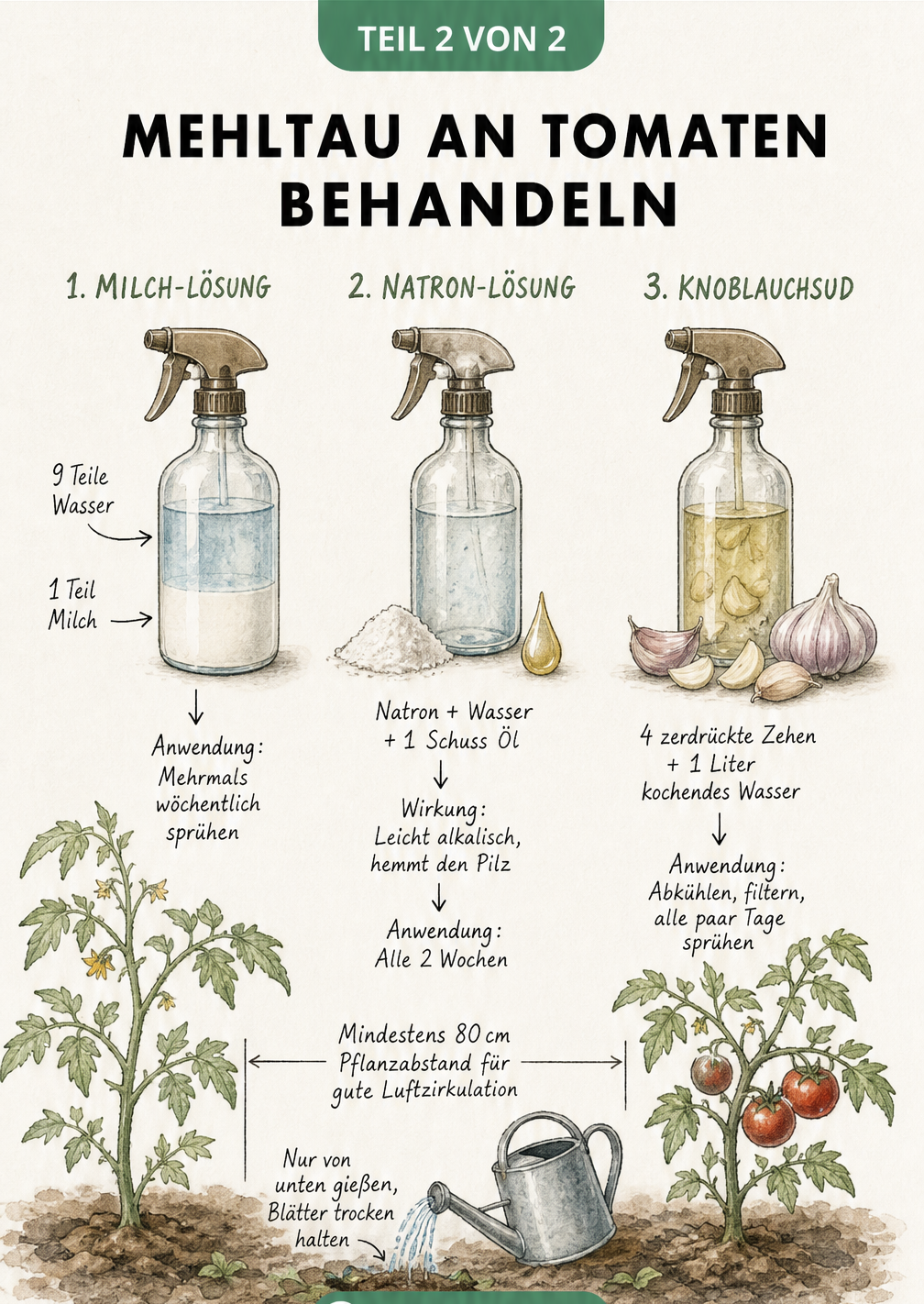 Aquarell-Illustration von Hausmitteln gegen Mehltau bei Tomaten wie Milch, Natron und Knoblauch