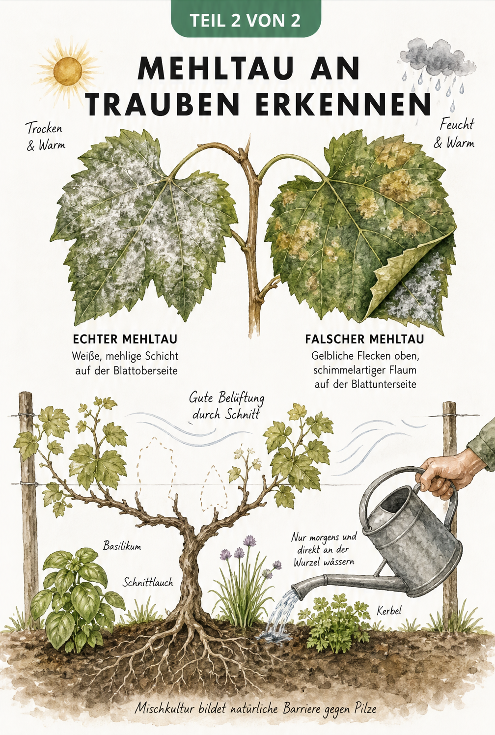 Historische Pflanzenbestimmungs-Illustration, die Echten und Falschen Mehltau an Weinblättern vergleicht und Vorbeugung durch Schnitt, Gießen und Mischkultur...