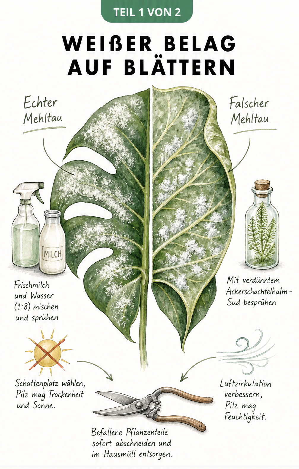 Botanische Illustration eines Zimmerpflanzenblattes, das die Unterschiede und Behandlungen von Echtem und Falschem Mehltau zeigt.
