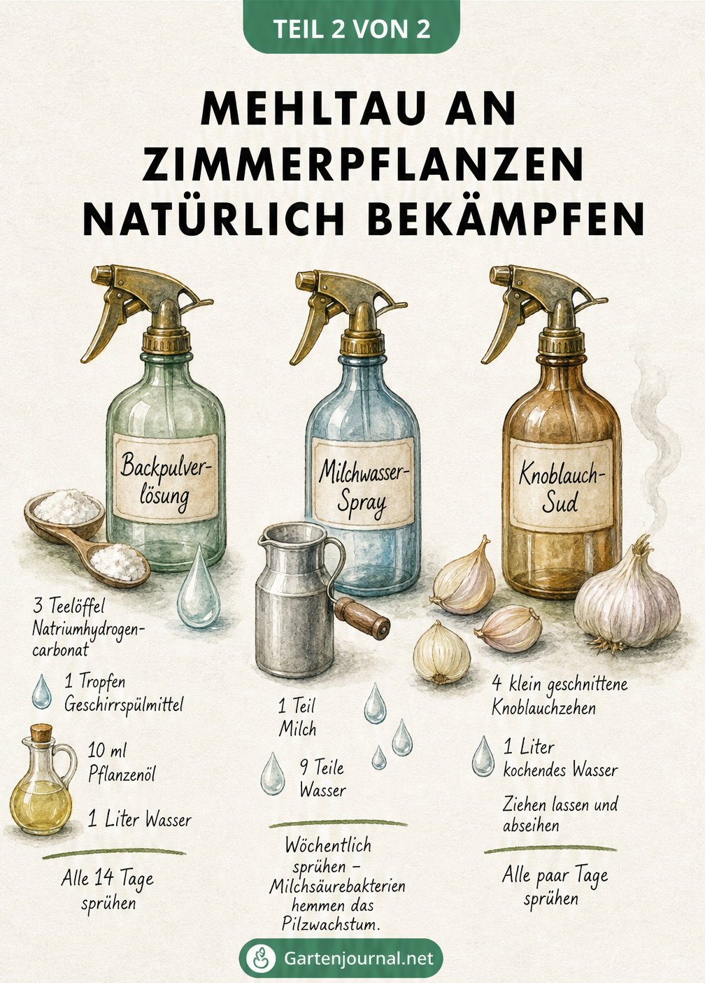 Illustration von drei Sprühflaschen mit natürlichen Hausmitteln gegen Mehltau: Backpulverlösung, Milchwasser-Spray und Knoblauch-Sud mit genauen Rezeptangaben