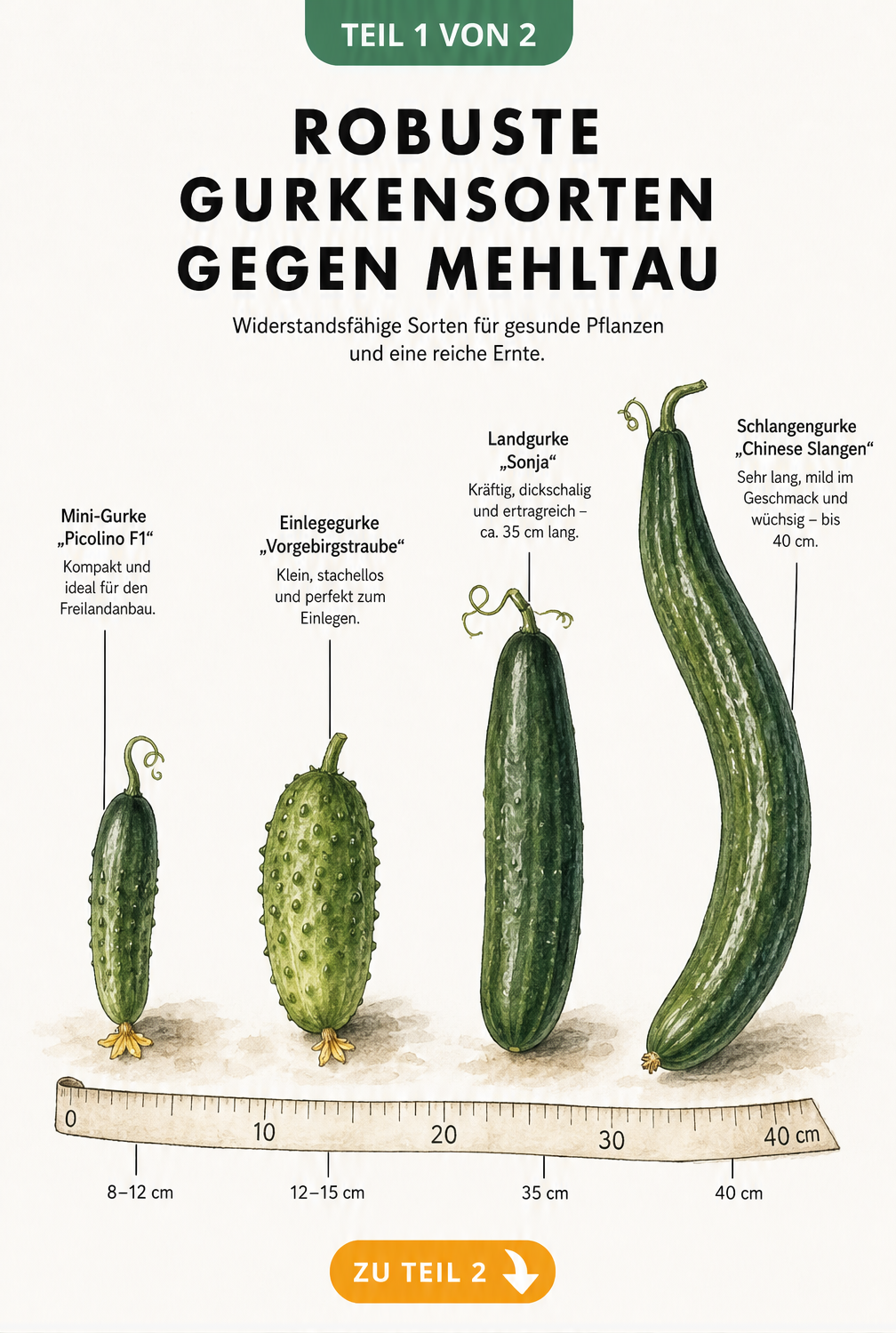 Illustration von vier mehltauresistenten Gurkensorten: Minigurke Picolino F1, Einlegegurke Vorgebirgstraube, Landgurke Sonja und Schlangengurke Chinese Slangen...
