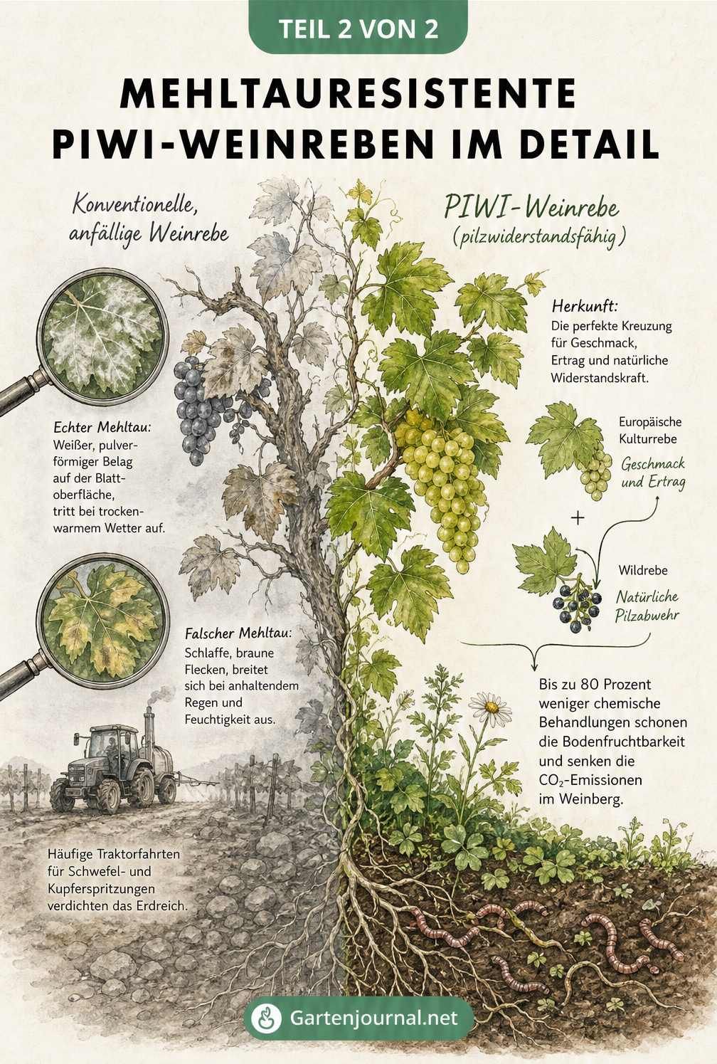 Botanische Illustration von vier mehltauresistenten Weinreben-Sorten: Muscat Bleu, Regent, Solaris und Johanniter