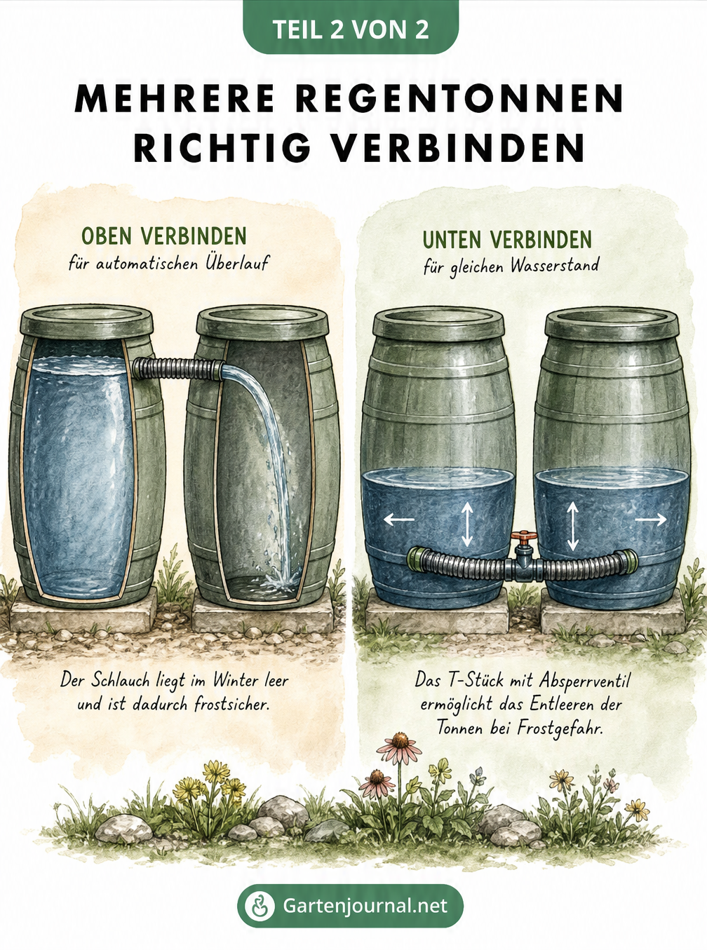 Illustration zweier verbundener Regentonnen mit Schlauchanschluss oben und unten