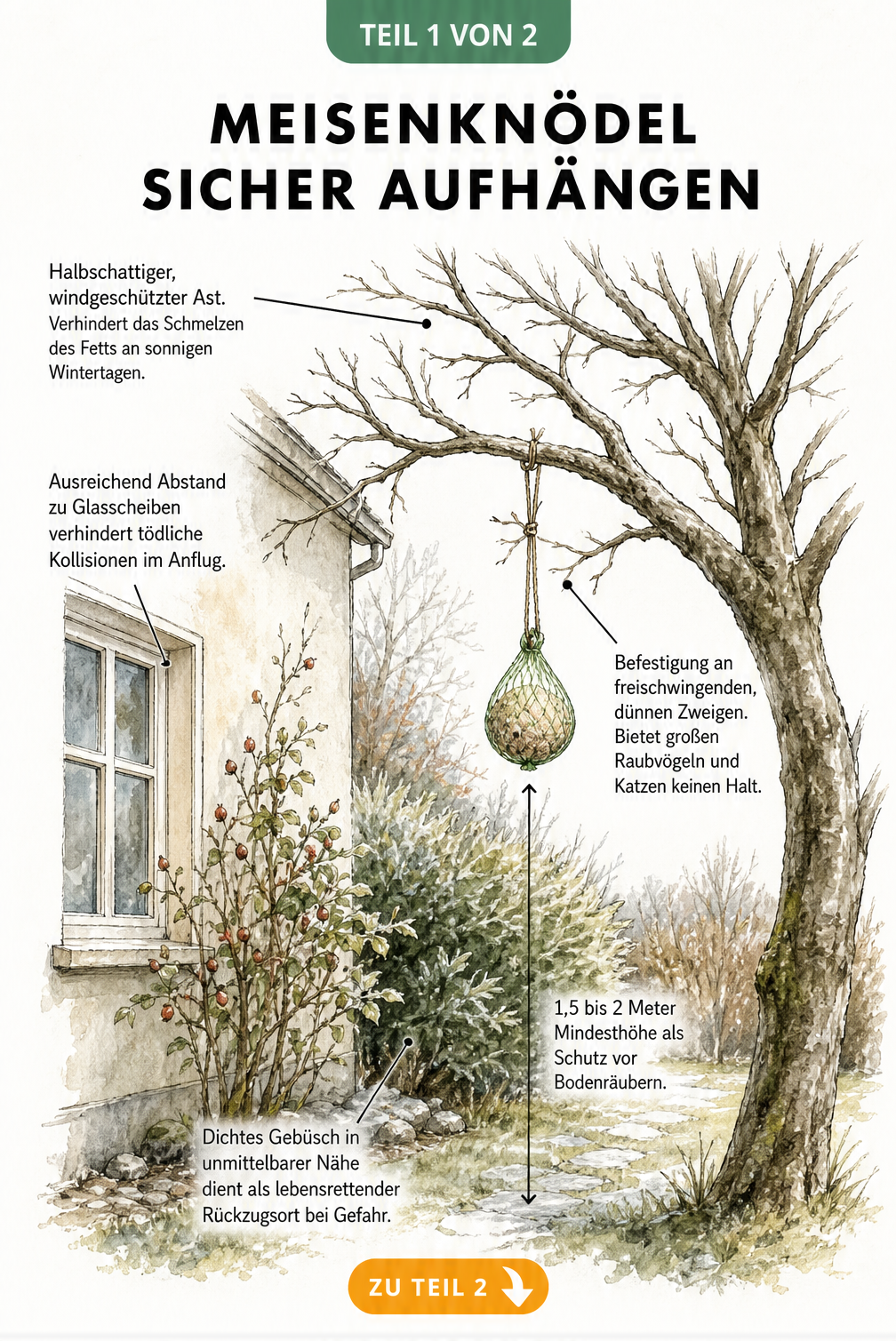 Illustration eines Gartens mit Baum und Hauswand, die zeigt, wie man Meisenknödel sicher aufhängt: Abstand zu Fenstern, halbschattiger Ast, dünne Zweige, 1,5...