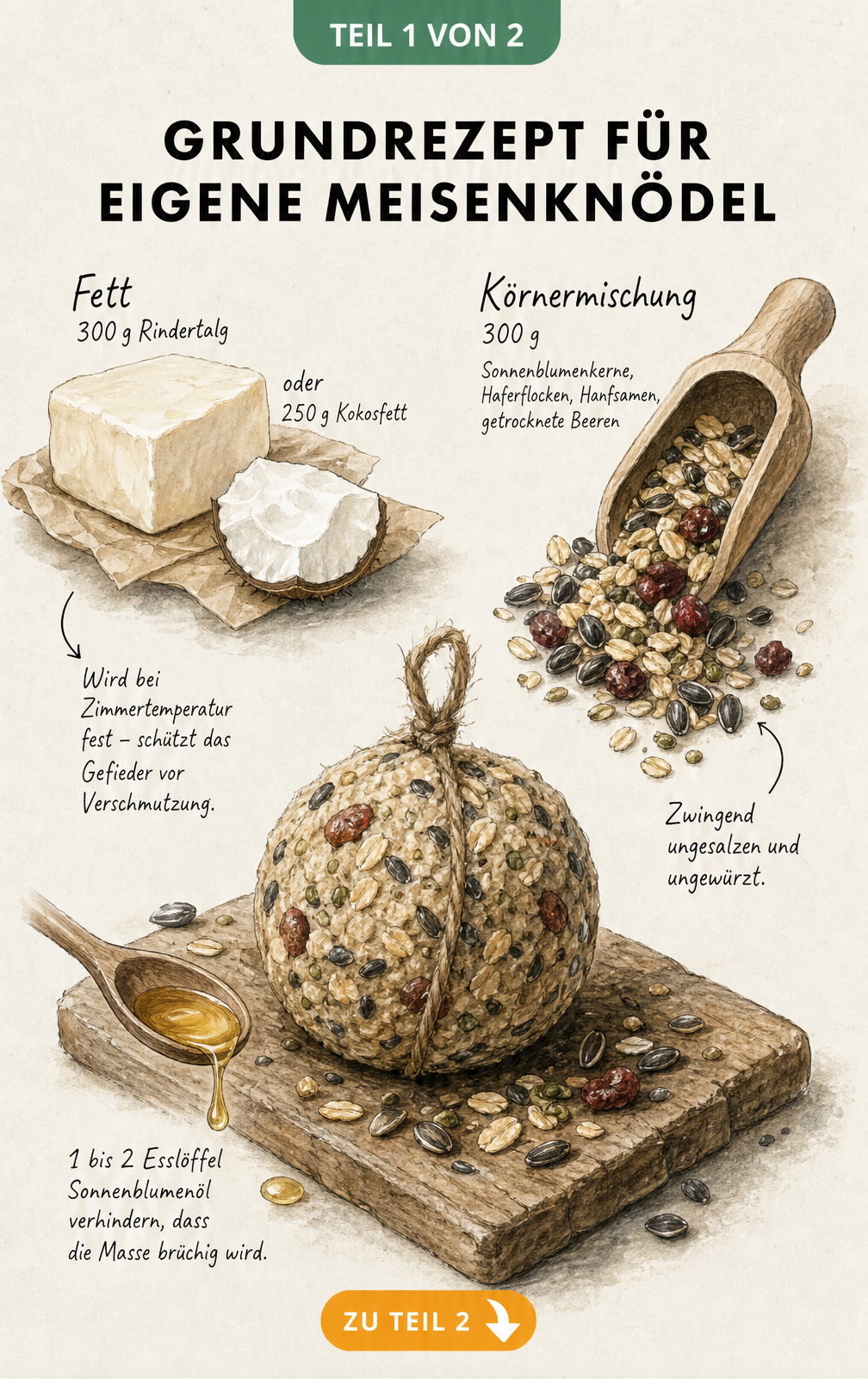 Illustration eines Meisenknödels mit Zutaten wie Rindertalg, Sonnenblumenkernen und Speiseöl