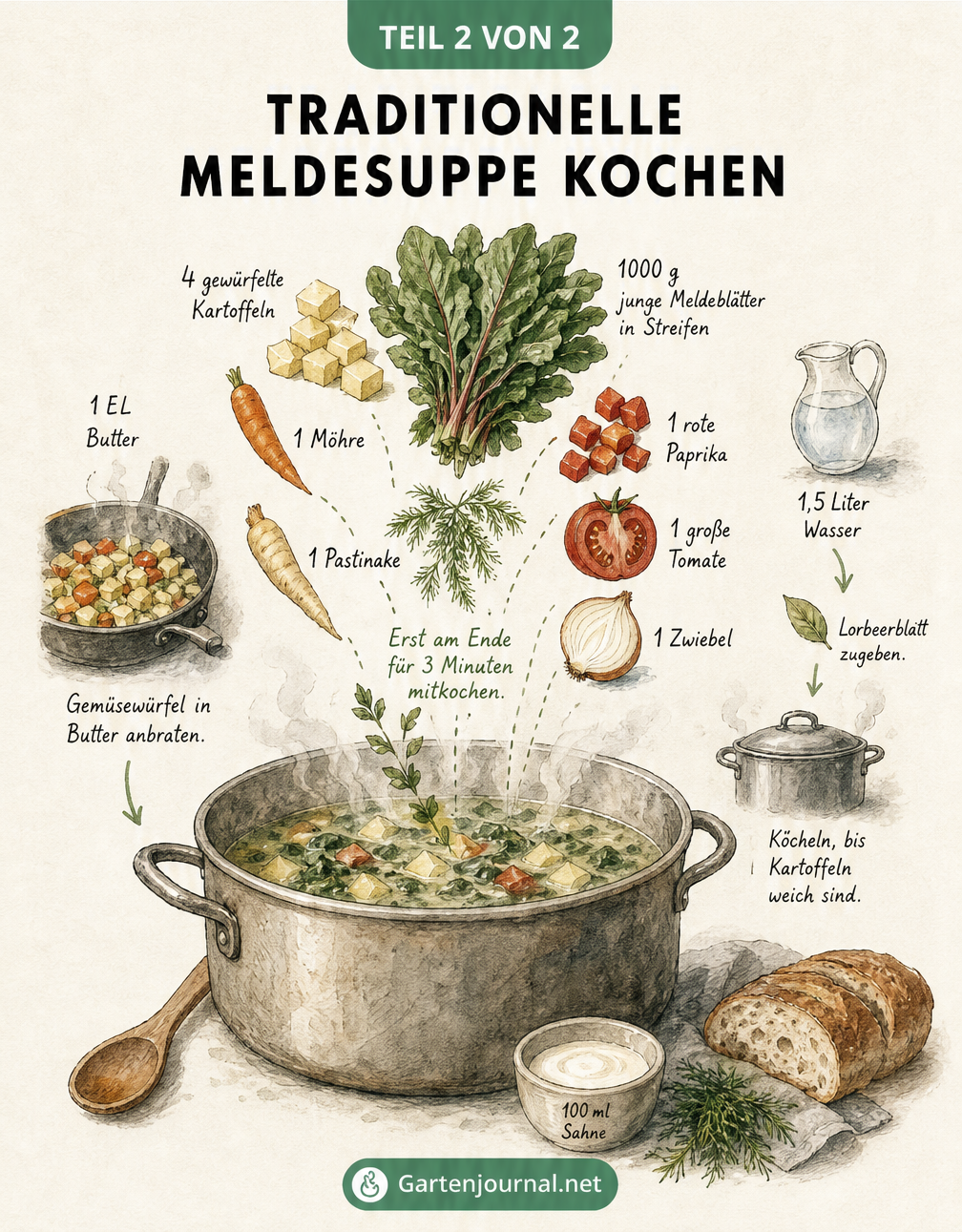 Illustration einer traditionellen Meldesuppe im Topf mit Zutaten wie Kartoffeln, Möhren, Paprika und Dill sowie den Kochschritten.