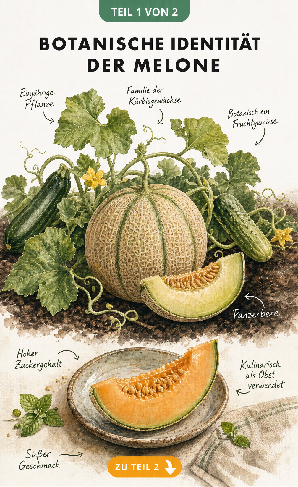 Botanische Illustration einer Melonenpflanze mit Zucchini und Gurke sowie einer aufgeschnittenen Melonenspalte