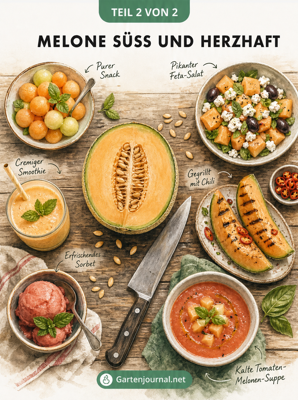 Illustration einer halbierten Melone auf einem Holztisch, umgeben von süßen und herzhaften Gerichten wie Sorbet, Smoothie, Feta-Salat und Gazpacho