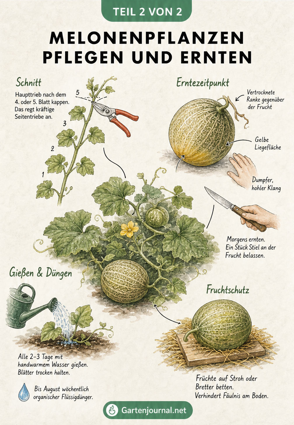Illustration zur Pflege und Ernte von Melonenpflanzen mit Tipps zu Schnitt, Gießen und Erntezeitpunkt
