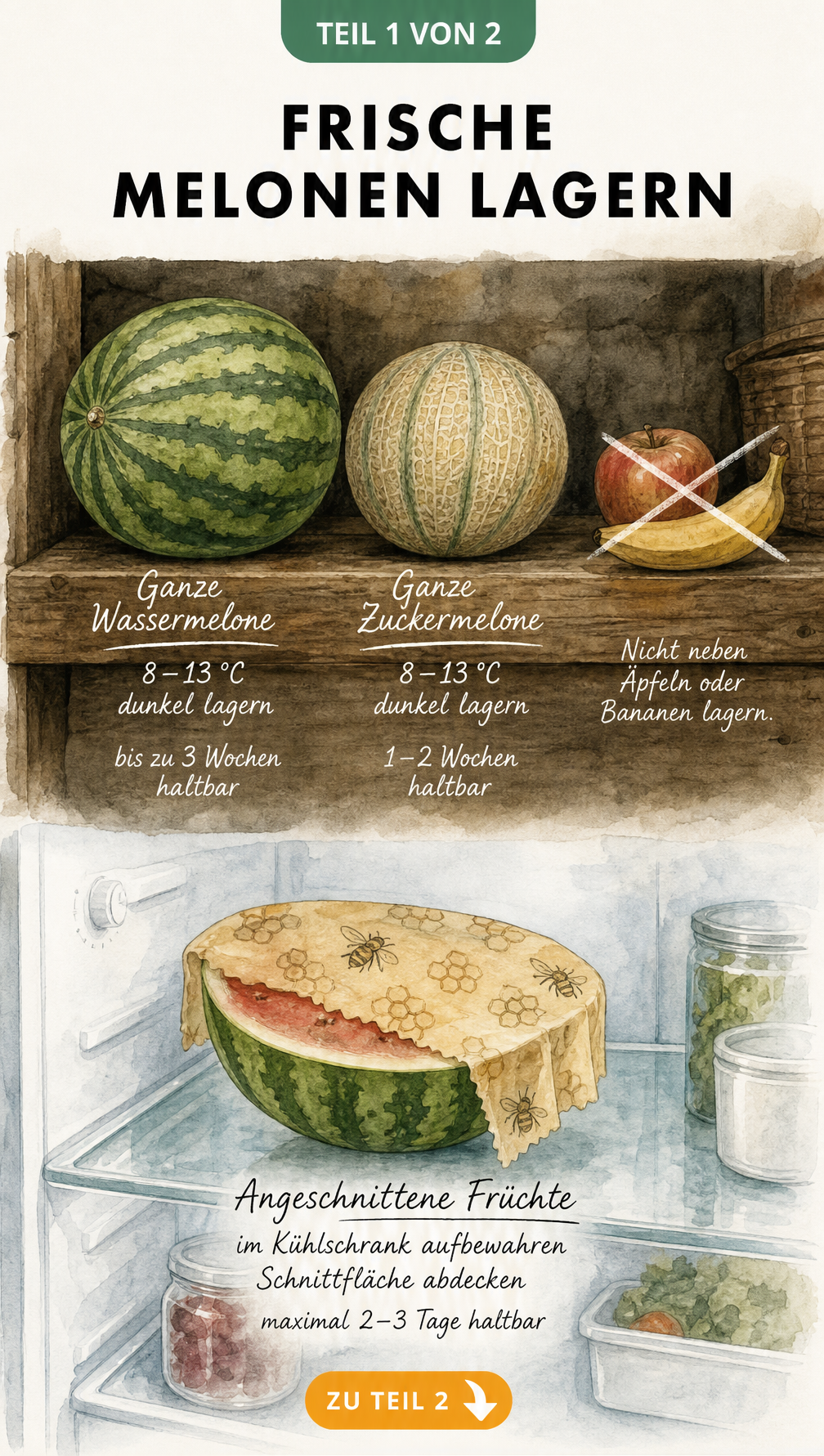Illustration zur Lagerung von Melonen: Ganze Melonen im kühlen Keller und angeschnittene Melonen abgedeckt im Kühlschrank.