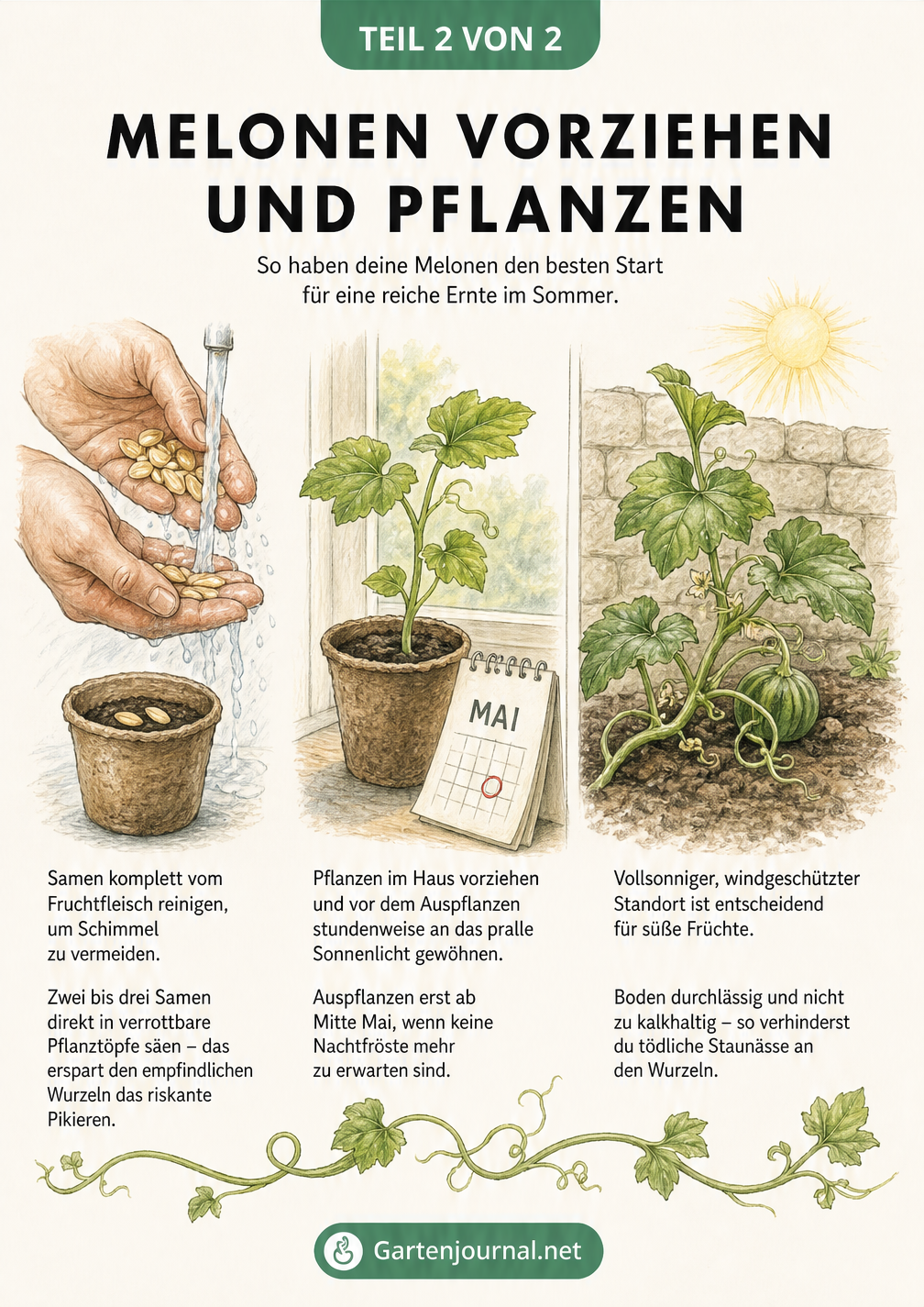 Illustration zum Vorziehen und Pflanzen von Melonen: Samen reinigen, Jungpflanzen auf der Fensterbank und Auspflanzen ins Freiland