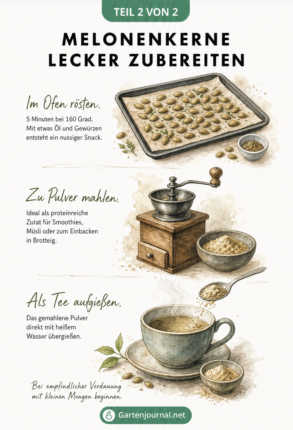 Illustration von drei Zubereitungsmethoden für Melonenkerne: im Ofen rösten, zu Pulver mahlen und als Tee aufgießen.