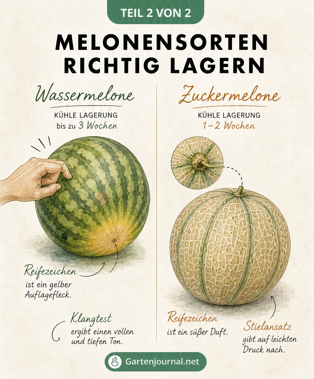 Botanische Illustration von Wassermelone und Zuckermelone mit Tipps zur Lagerung und Reifeerkennung.