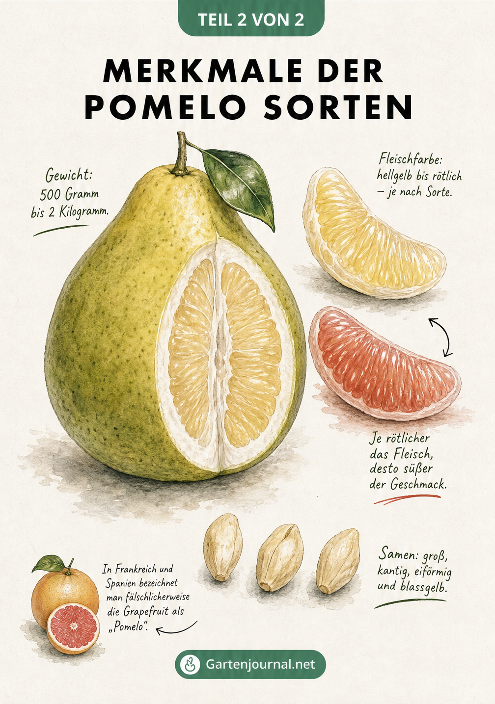 Merkmale der Pomelo Sorten mit Fruchtfleisch, Schale und Samen