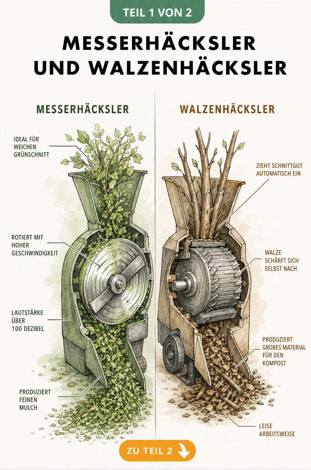 Querschnitt-Zeichnung eines Messerhäckslers und Walzenhäckslers im Vergleich