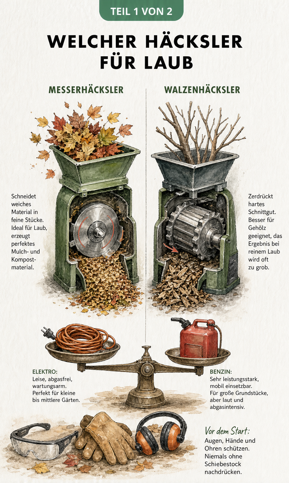 Illustration eines Messerhäckslers und Walzenhäckslers im Vergleich für Laub und Äste