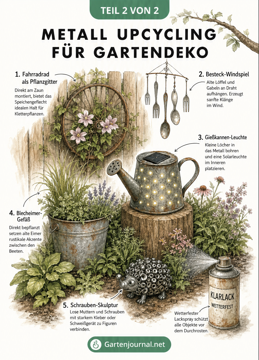 Botanische Illustration eines Gartens mit fünf Upcycling-Ideen aus Metall: Fahrradrad als Pflanzgitter, Besteck-Windspiel, Gießkannen-Leuchte, Blecheimer-Gefäß...