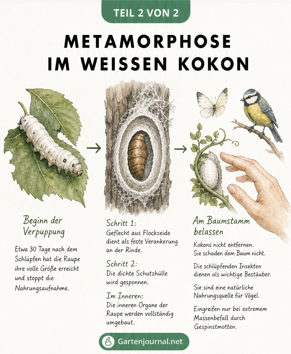 Schautafel zur Metamorphose im weißen Kokon: Von der Raupe über den Kokonbau bis zum fertigen Insekt und Tipps zum Umgang im Garten