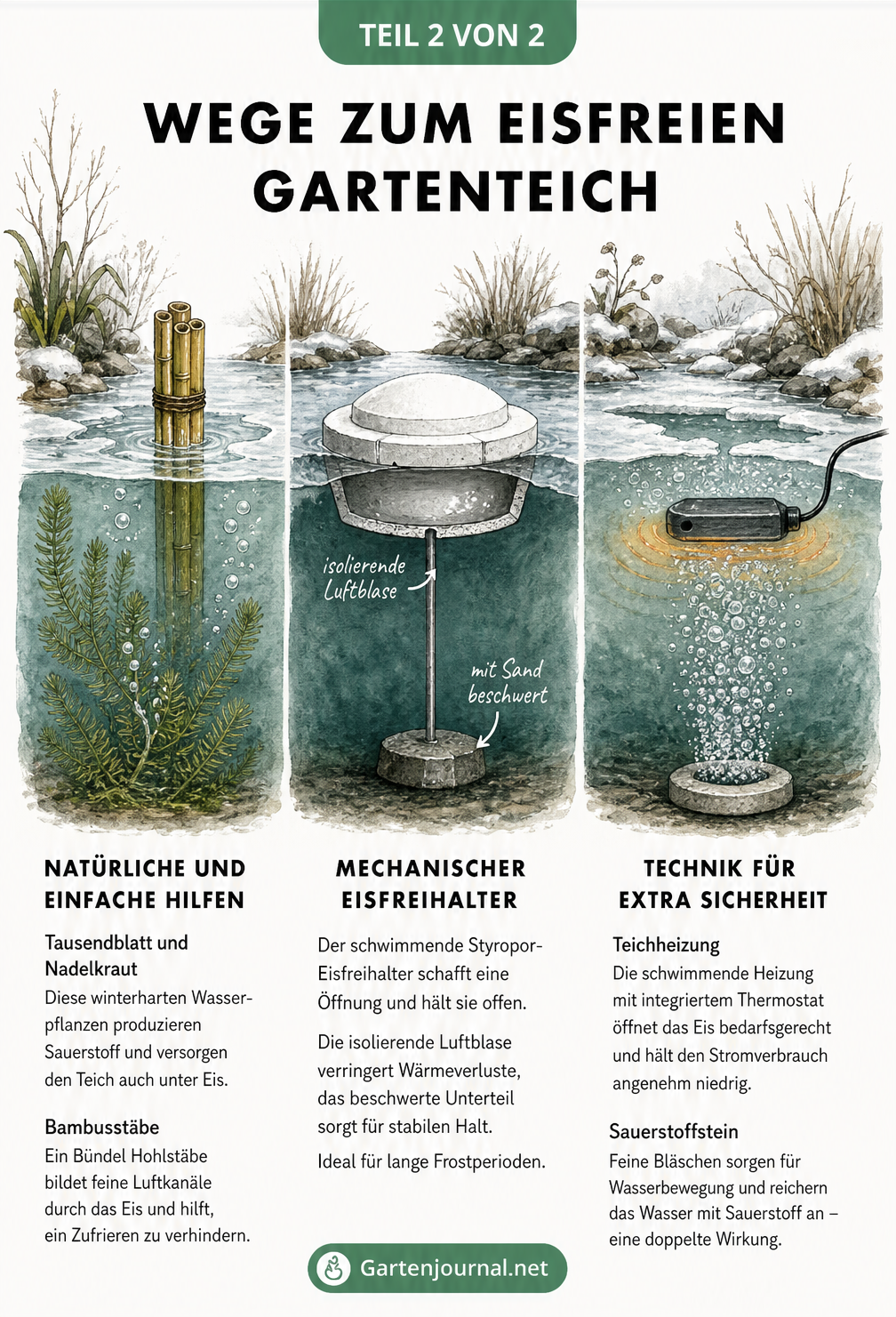 Drei Methoden für einen eisfreien Teich im Vergleich: Wasserpflanzen mit Bambus, Styropor-Eisfreihalter und Teichheizer mit Sauerstoffstein
