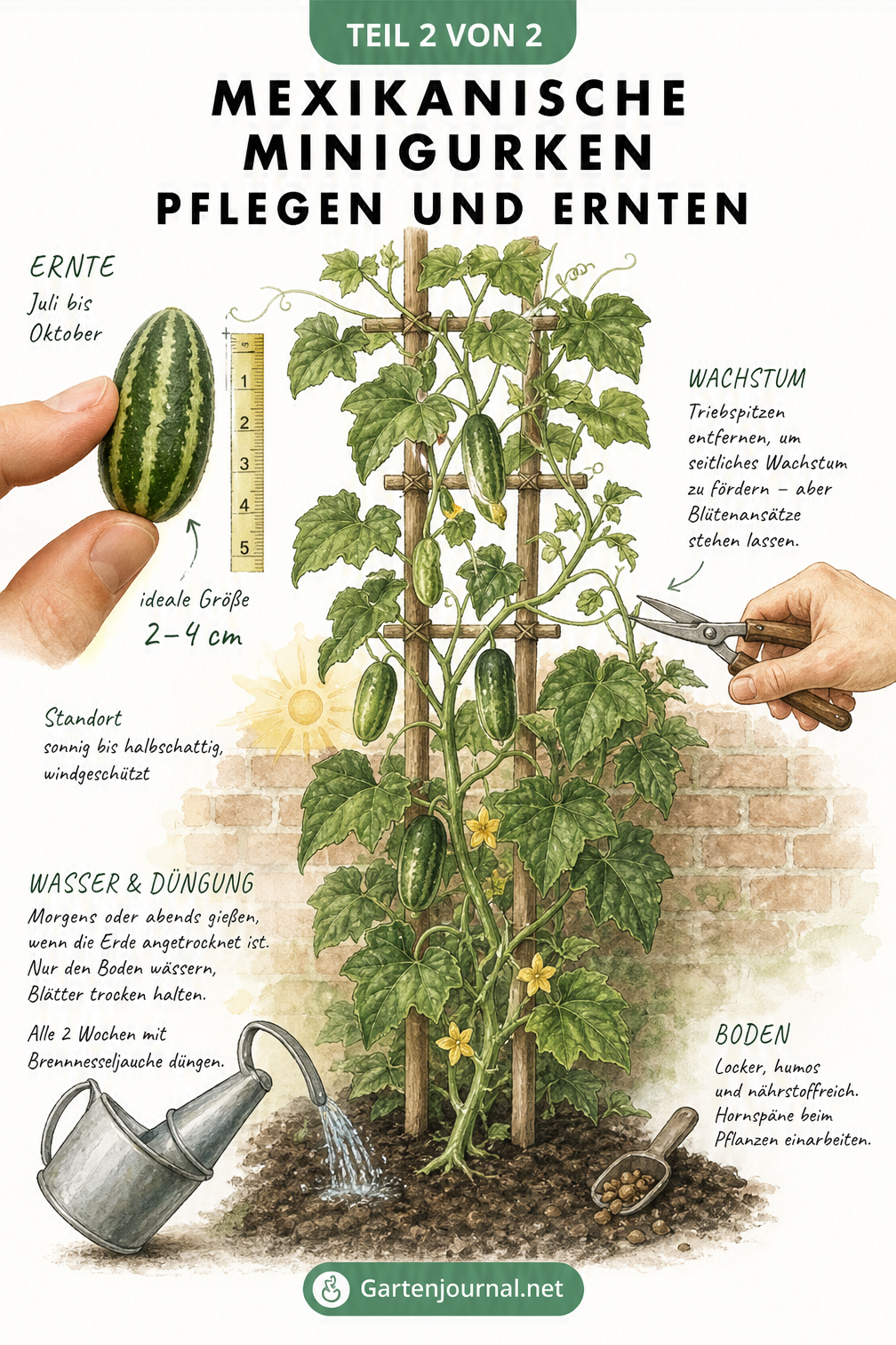 Illustration einer ausgewachsenen Mexikanischen Minigurkenpflanze am Spalier mit Details zu Boden, Bewässerung, Schnitt und Ernte.