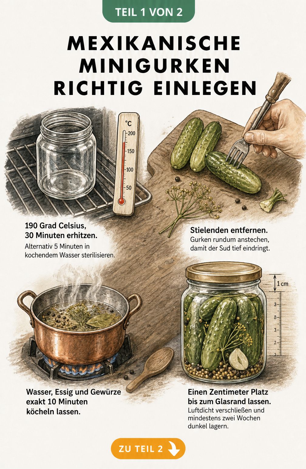 Illustration der Arbeitsschritte zum Einlegen von mexikanischen Minigurken: Gläser sterilisieren, Gurken anstechen, Sud kochen und Gläser verschließen.