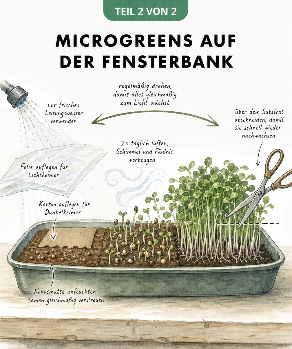 Querschnitt einer Anzuchtschale auf einer Fensterbank, der den Wachstumsprozess von Microgreens von der Aussaat auf Kokosmatte über die Keimung bis zur Ernte...