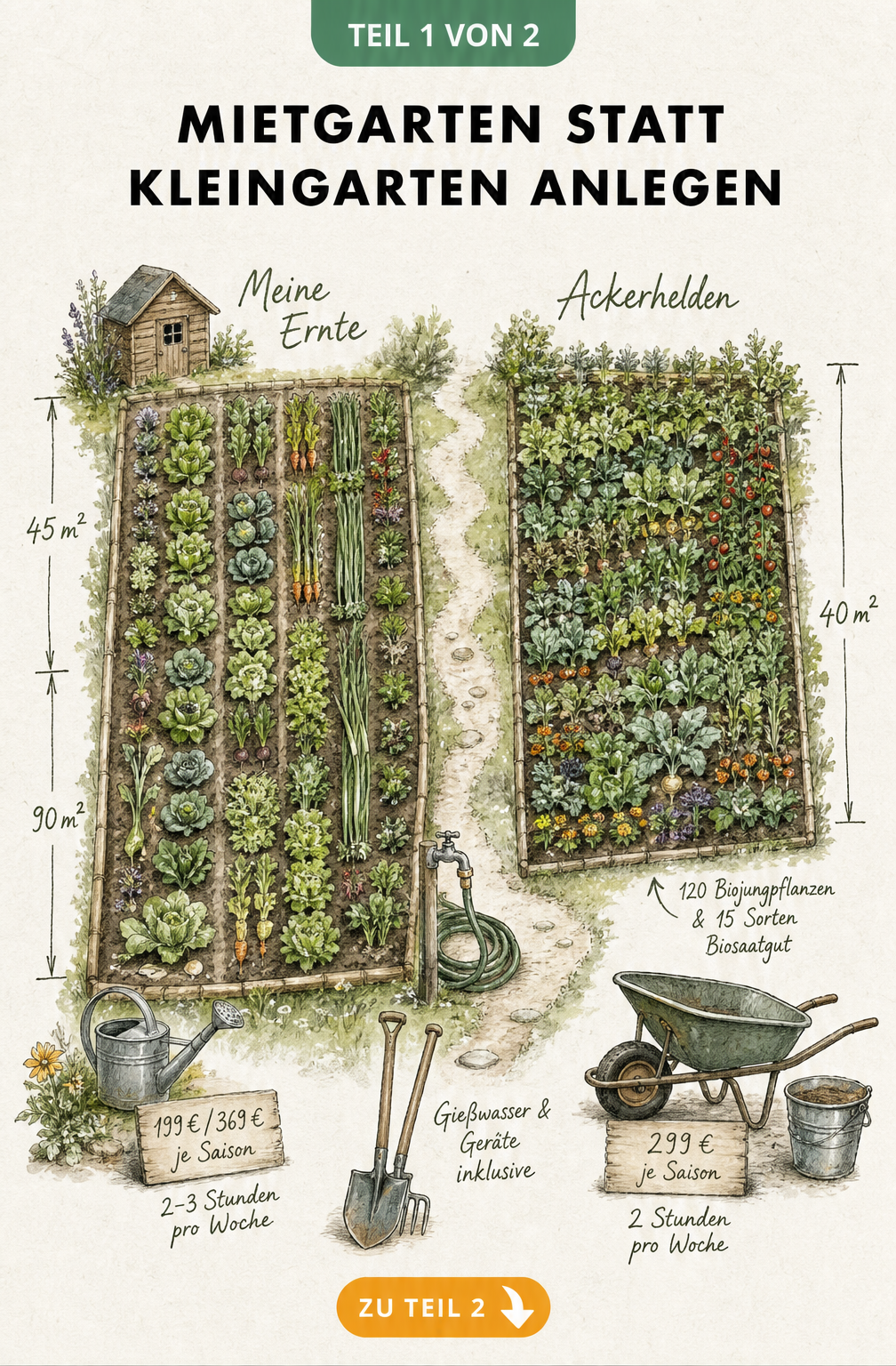 Vergleich von zwei Mietgarten-Parzellen mit Preisen und Zeitaufwand