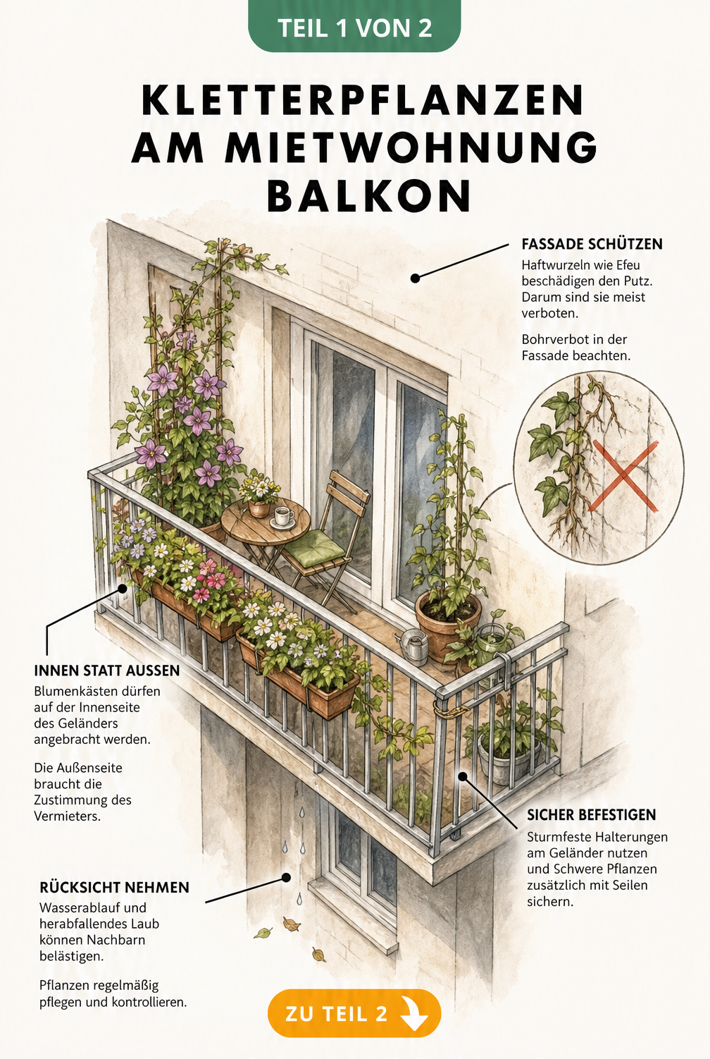 Isometrische Illustration eines Balkons mit Hinweisen zu mietrechtlichen Regeln für Kletterpflanzen, wie Bohrverbot und sichere Befestigung