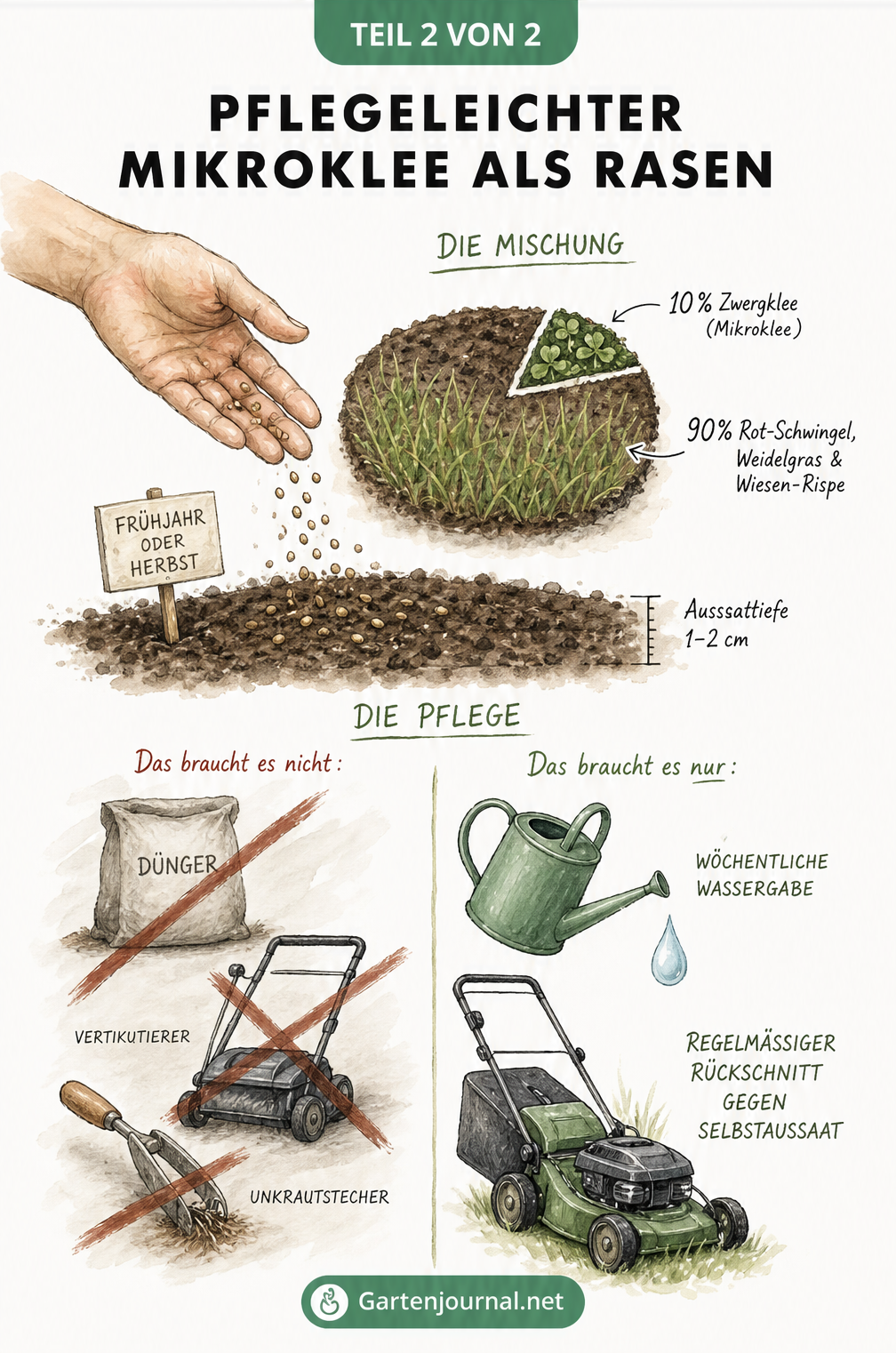 Illustration zur Aussaat und Pflege von Mikroklee mit Saatgut-Mischung und Gartengeräten