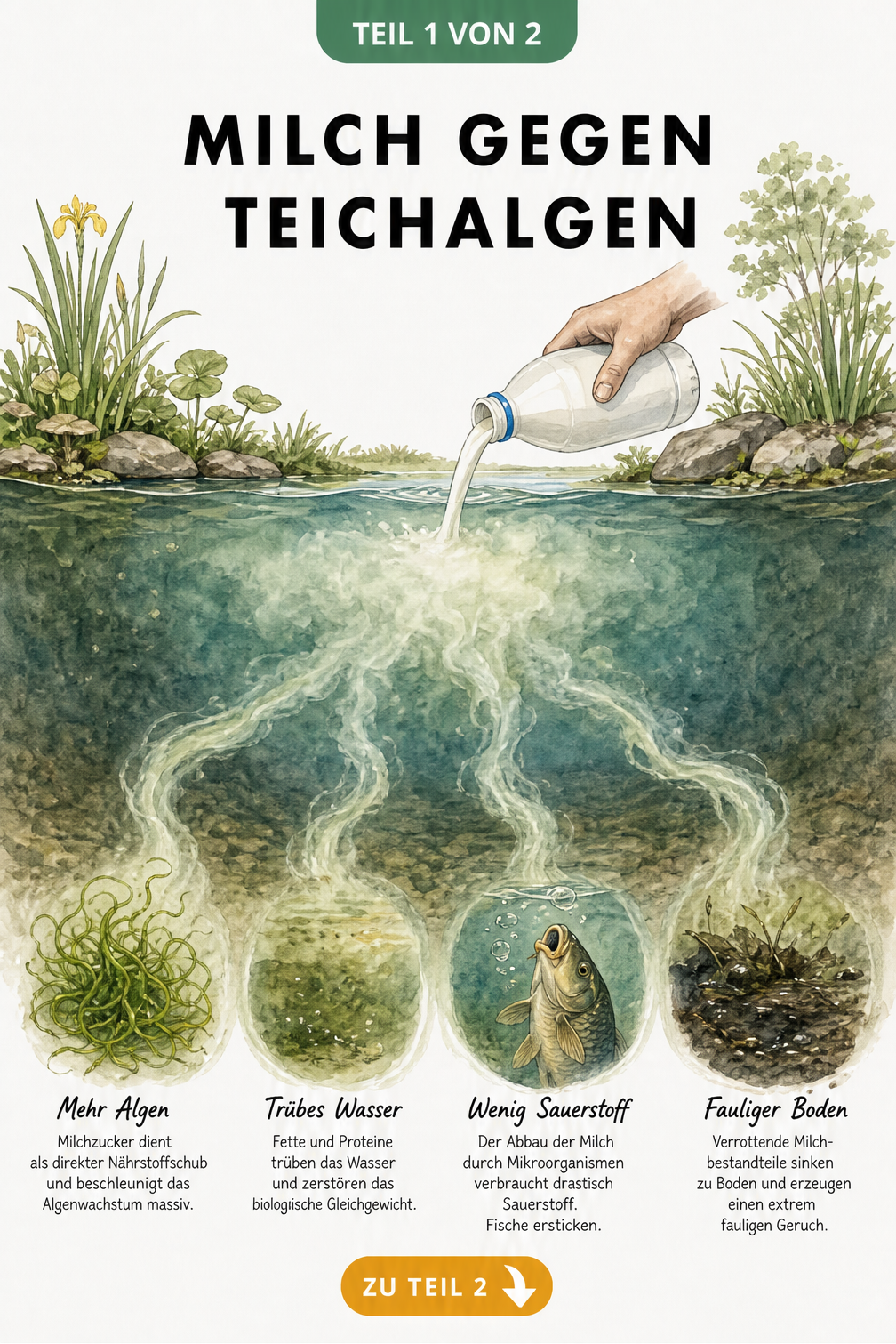 Illustration eines Gartenteichs, in den Milch gegossen wird, was zu Algenwachstum, trübem Wasser, Sauerstoffmangel bei Fischen und fauligem Schlamm führt.