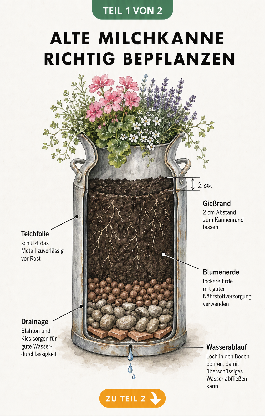 Querschnitt einer bepflanzten Milchkanne mit Wasserablauf, Tonscherbe, Drainage aus Kieselsteinen, Teichfolie als Rostschutz, Blumenerde und Gießrand.
