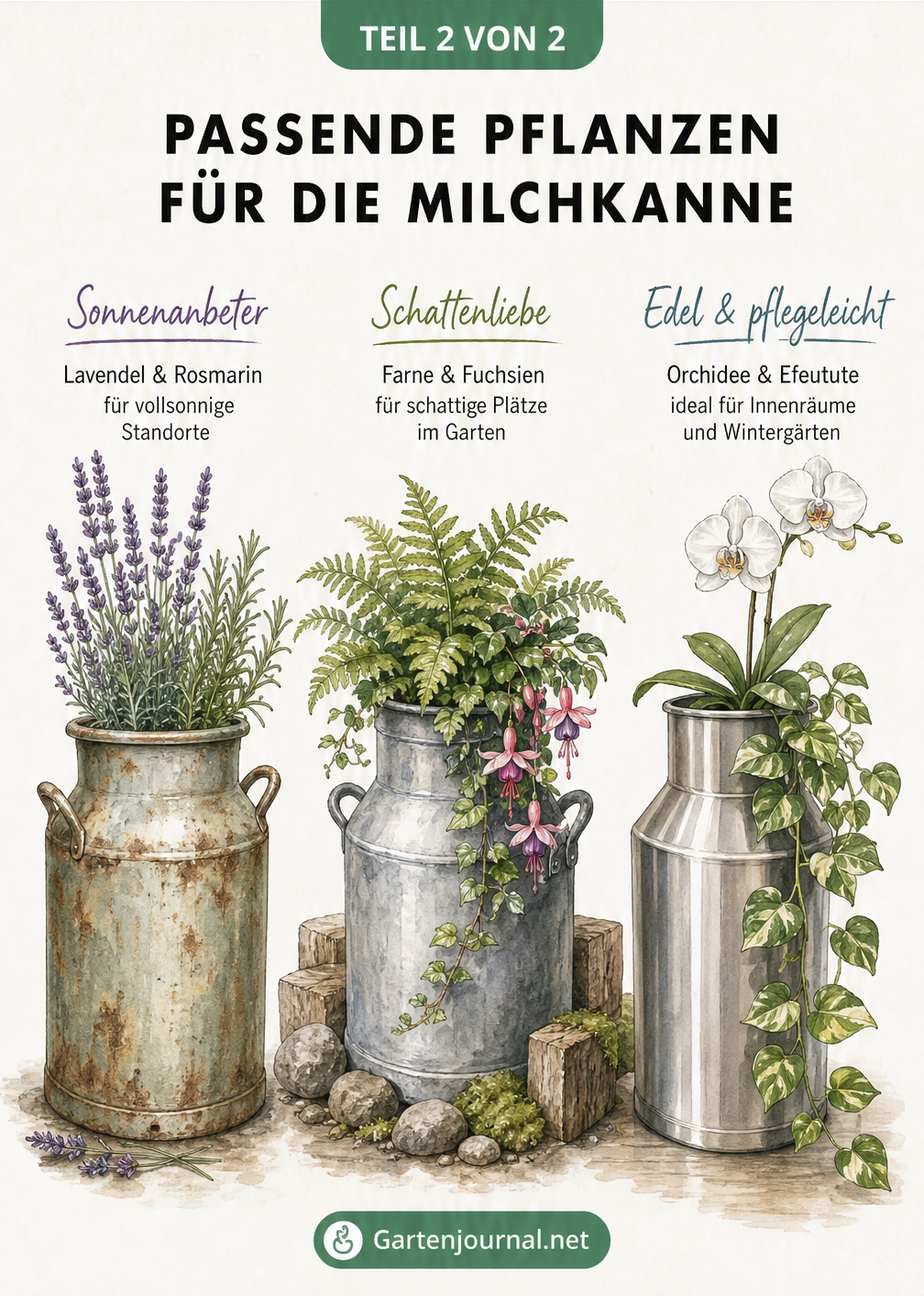 Drei bepflanzte Milchkannen in verschiedenen Stilen: Vintage mit Lavendel für die Sonne, Landhaus mit Farn für den Schatten und modern mit Orchidee für drinnen.