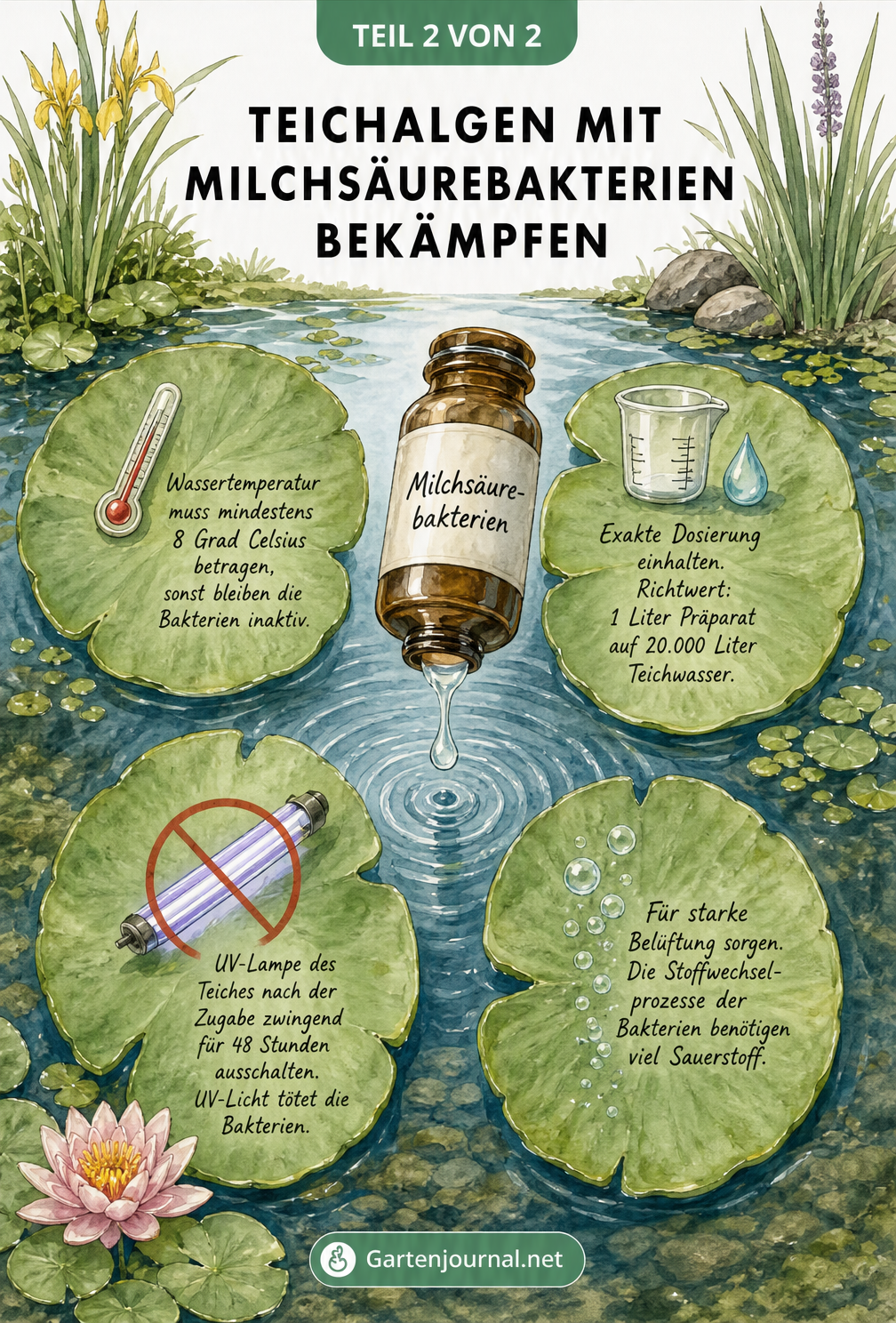 Aquarell-Illustration eines gesunden Teiches mit Seerosenblättern, auf denen die Anwendungsbedingungen für Milchsäurebakterien stehen: Temperatur, Dosierung,...