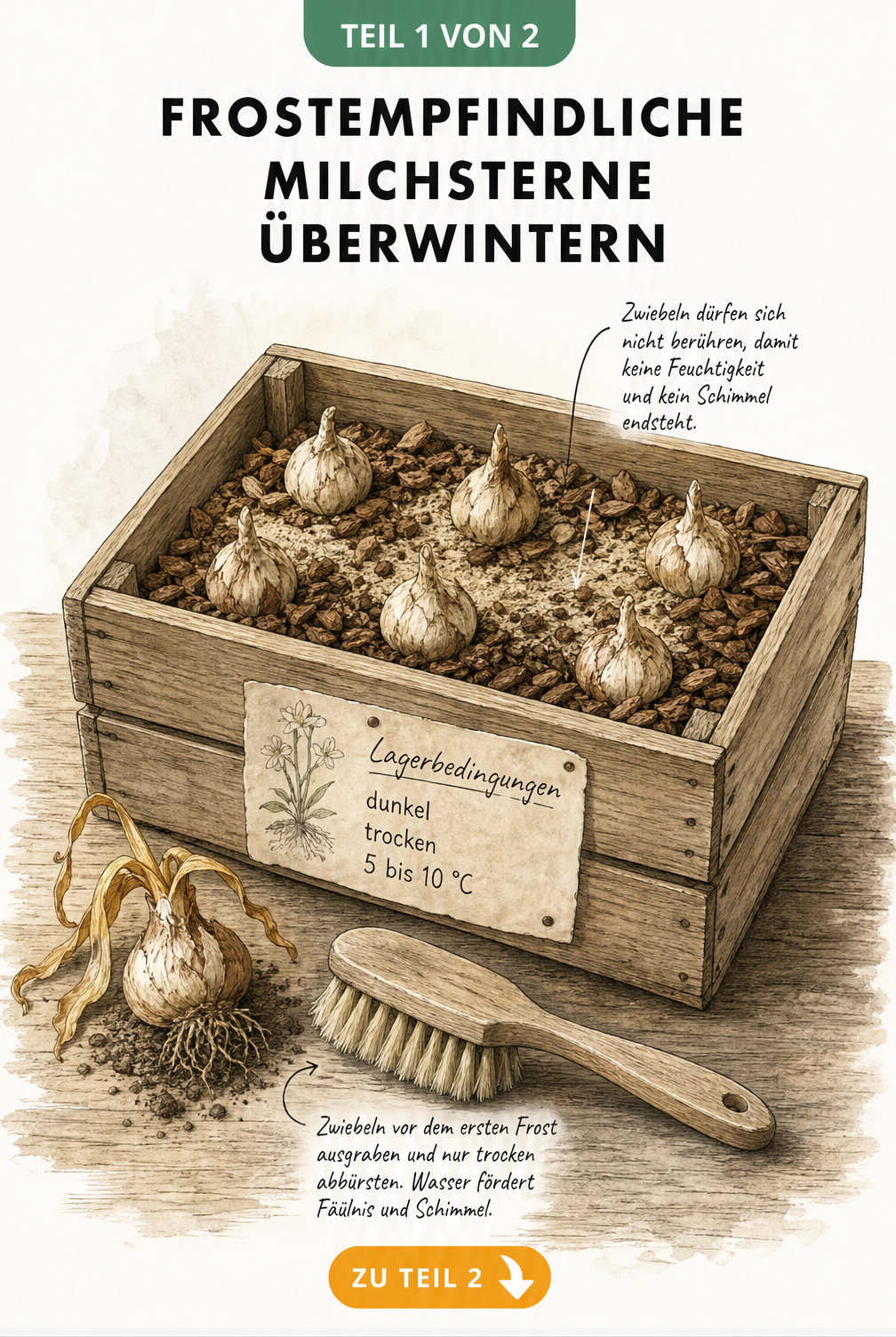 Querschnitt einer Holzkiste mit Milchstern-Zwiebeln in Sand und Rindenmulch, daneben eine Bürste zur trockenen Reinigung.