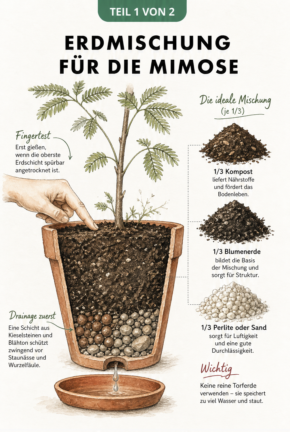 Schnittgrafik eines bepflanzten Terrakottatopfs mit Mimose, die die Erdmischung aus Kompost, Blumenerde und Perlite sowie die Drainageschicht zeigt.