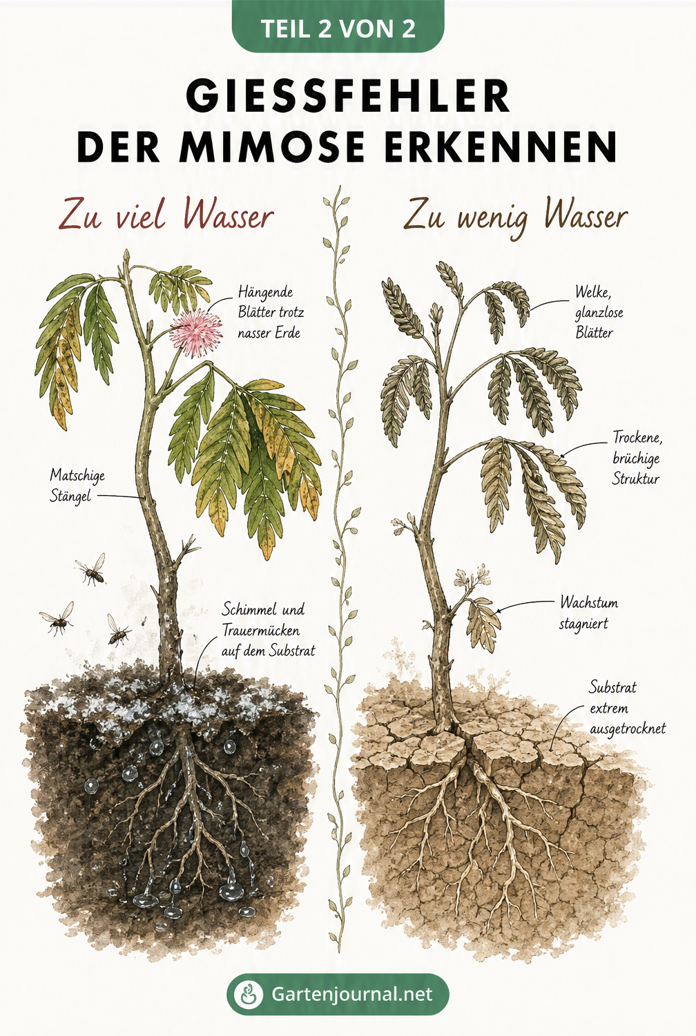 Gegenüberstellung von Gießfehlern bei der Mimose: Zu viel Wasser mit hängenden Blättern und Schimmel vs. zu wenig Wasser mit vertrockneten Blättern und...