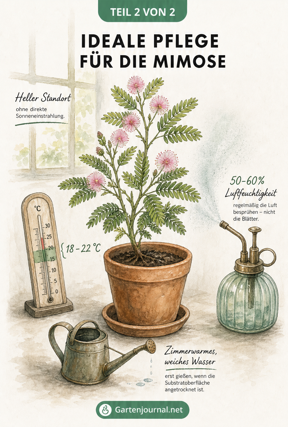 Illustration einer gesunden Mimose mit rosa Blüten, die ideale Pflegebedingungen wie 18-22 Grad, hellen Standort, 50-60 Prozent Luftfeuchtigkeit und weiches...