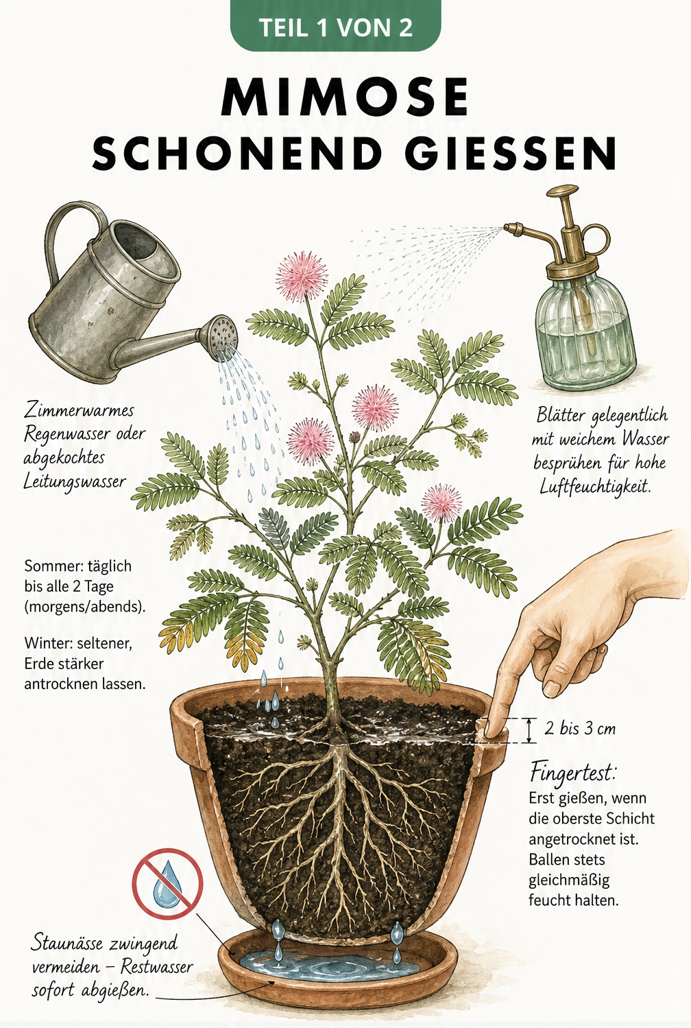 Botanische Illustration einer Mimose im Terrakottatopf mit Hinweisen zum richtigen Gießen, Fingertest und Vermeidung von Staunässe.