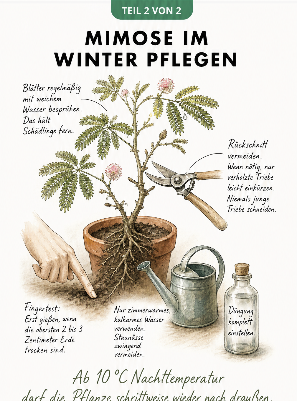 Detailzeichnung einer Mimose mit Pflegetipps zu Gießen, Düngen, Schneiden und Besprühen der Blätter im Winter
