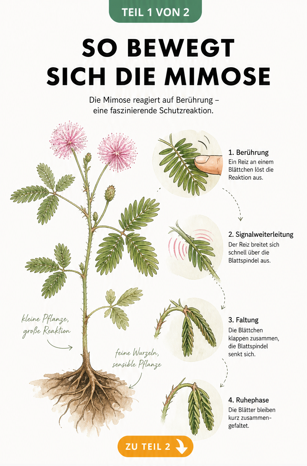 Botanische Illustration der Mimose und ihres Wuchses