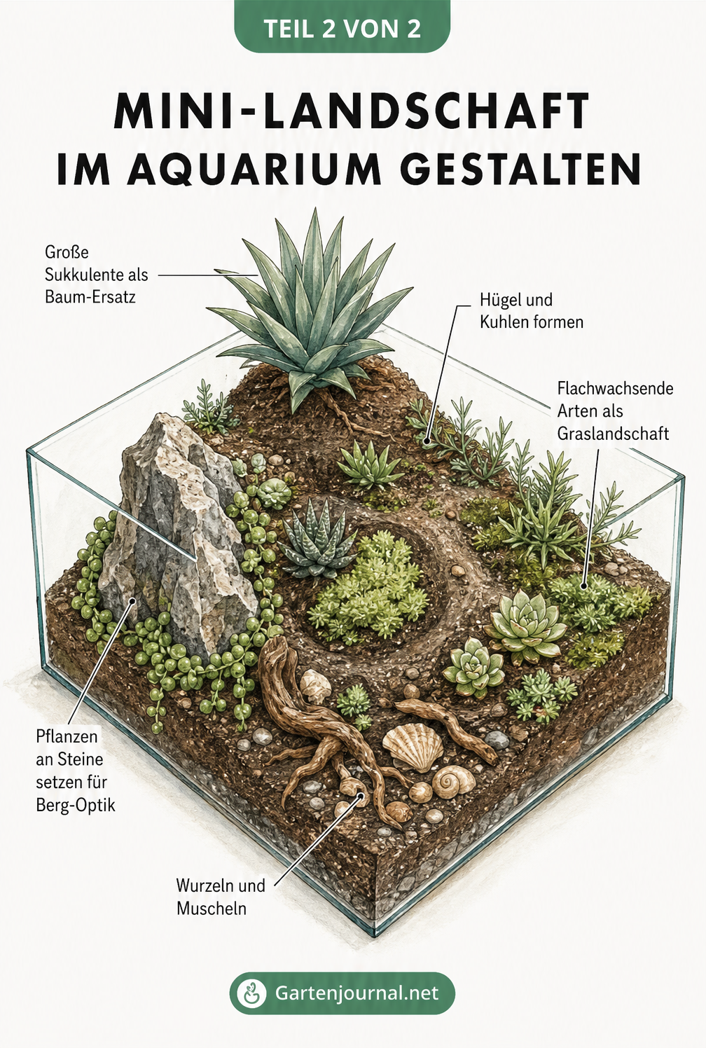 Isometrische Skizze einer Mini-Landschaft im Aquarium mit Hügeln, großen Sukkulenten als Bäume und flachen Pflanzen als Gras