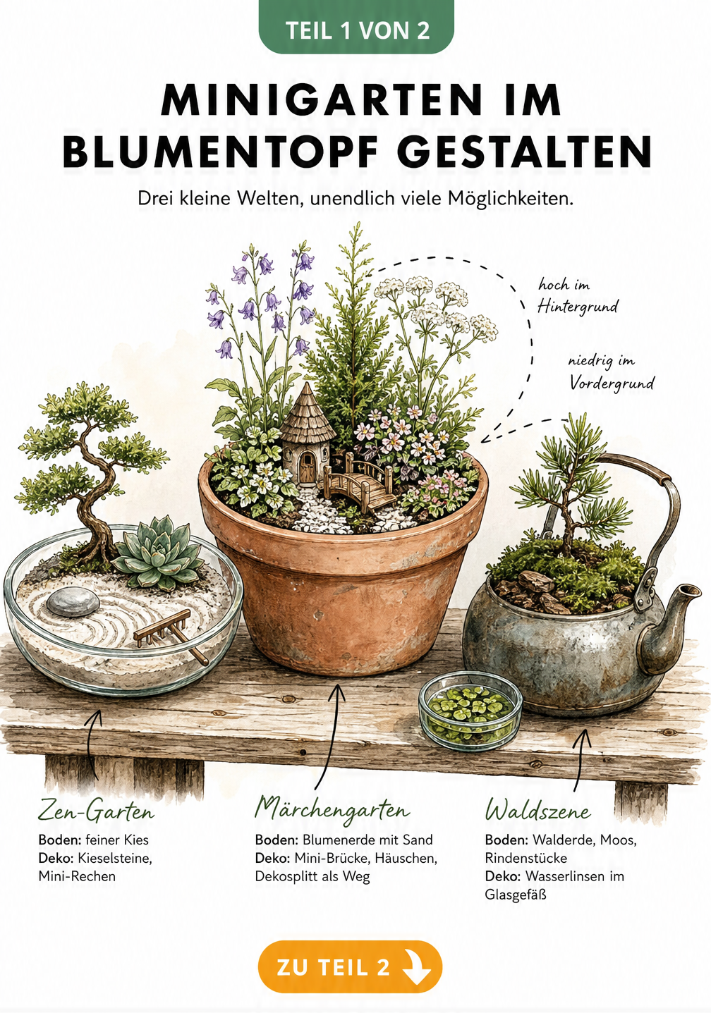 Illustration von drei Minigärten in verschiedenen Gefäßen auf einer Pflanzbank