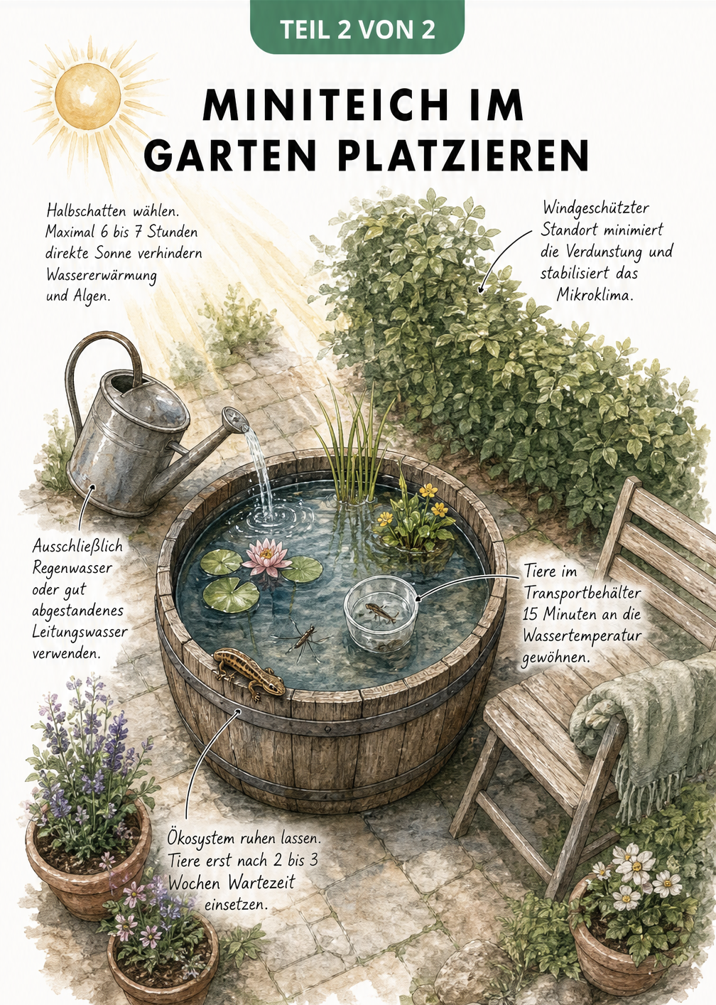 Isometrische Illustration eines Miniteichs auf einer Terrasse mit Hecke, Gießkanne und Molch