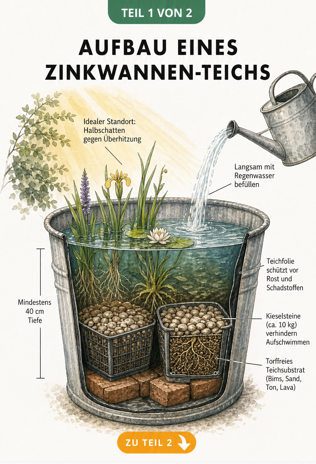 Schnittzeichnung eines Miniteichs in einer Zinkwanne mit Teichfolie, Ziegelsteinen, Gitterkörben und Teichsubstrat
