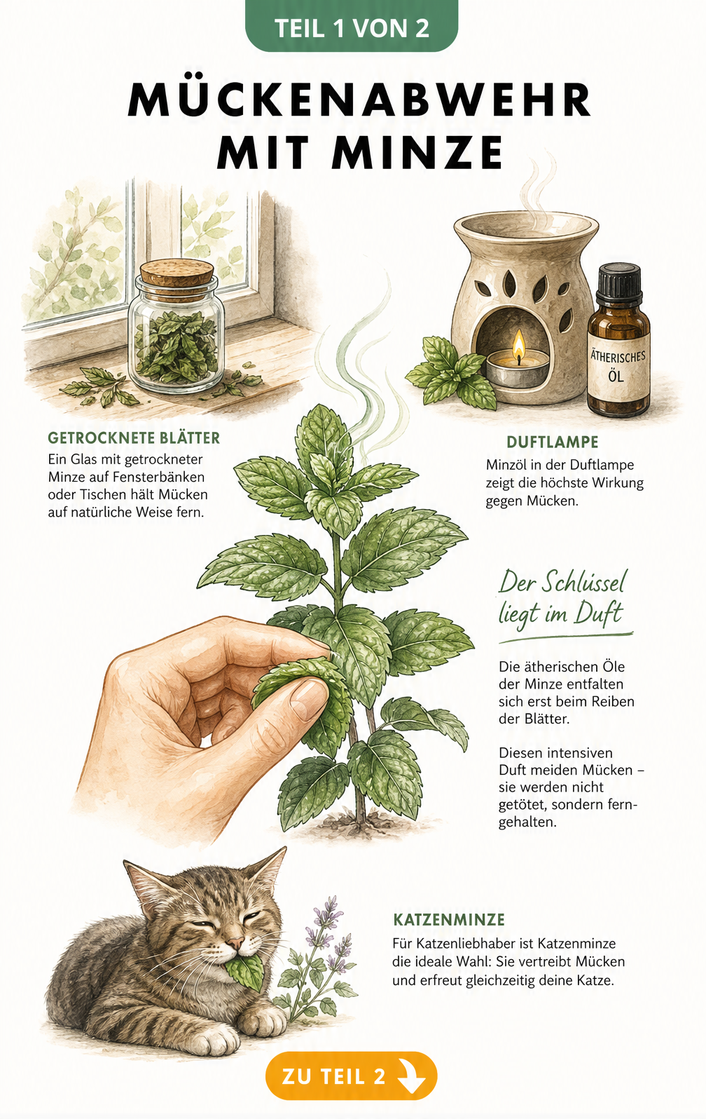Illustration einer Minzpflanze, deren Blätter gerieben werden, um Mücken durch ätherische Öle abzuwehren, mit Anwendungsbeispielen wie getrockneten Blättern,...