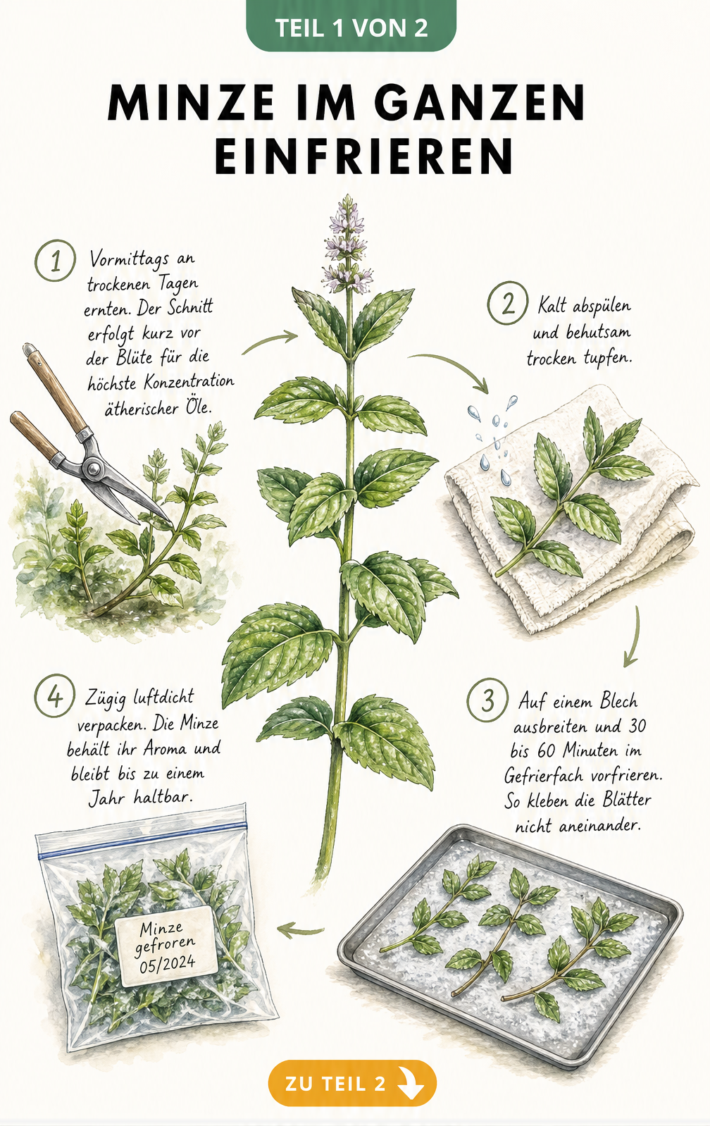 Illustration eines Minzstängels mit vier Schritten zum Einfrieren: Ernten, Waschen, Vorfrieren und Verpacken