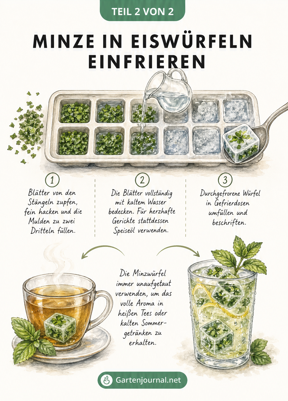 Illustration einer Eiswürfelform, in der gehackte Minzblätter mit Wasser eingefroren werden, sowie zwei Gläser mit Tee und Limonade
